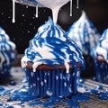 pastry chef pours white icing on delicious appetizing cupcake with blue cream