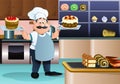 Chef serving sweet cake on bakery background