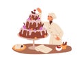 Pastry-cook decorating cake. Chef cooker, confectioner cooking delicious sweet dessert, adding cherry, final touch to