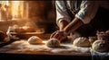 cook hands kitchen flour pastry dough knead baker chef food. Generative AI.