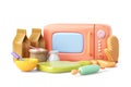 Pastry equipment kitchenware pastel cartoon cute kid model oven or microwave, chopping board, egg beater, rolling pin.