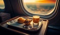 Pastry and a glass of orange juice on the tray near plane illuminator. Sunrise in the sky at backdrop in blur. Generative AI