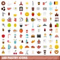 100 pastry icons set, flat style