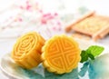 A pastry with mostly sweet fillings made for the Moon Festival, hence loosely translated as a moon cake Royalty Free Stock Photo