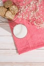 Pastry organic breakfast. Chip cookies and a glass of milk on a Royalty Free Stock Photo