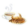 Pastry plate with butter and chocolate French croissant, rolled cinnamon bun and hot coffee cup watercolor illustration