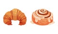 Pastry products for bakery menu set. Croissant, cinnamon roll delicious bakery assortment vector illustration