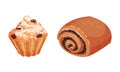 Pastry products for bakery menu set. Raisin cupcake and poppy seed bun, delicious bakery assortment vector illustration