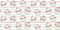 Pastry seamless pattern with different brown muffins with cream on a soft striped background