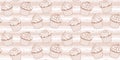 Pastry seamless pattern with outline cupcakes on a light brown striped background with polka dots