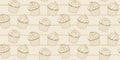 Pastry seamless pattern with outline cupcakes on a striped beige background with white polka dots