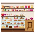 Pastry shop cafe with lots of delicious sweets. Interior vector illustration set