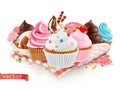 Pastry shop, confectionery. Sweet dessert. Cake, cupcake. 3d vector Royalty Free Stock Photo