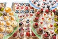 Pastry shop display window with variety of mini desserts and cakes, candy bar, selective focus Royalty Free Stock Photo