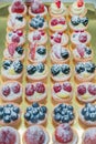 Pastry shop display window with variety of mini desserts and cakes, candy bar, selective focus Royalty Free Stock Photo