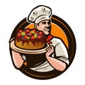 Pastry shop logo or label. Chef with cake on a tray. Cartoon vector illustration