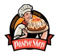 Pastry shop logo or label. Cook is holding a tray with a cake. Cartoon vector illustration