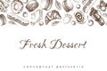 Pastry sketch on white. Bakery horizontal banner, border with desserts, berries, eclair, croissant, donut, macaroons