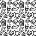 Pastry sweets seamless pattern, cute hand drawn sketch food symbols