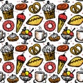 Pastry sweets seamless pattern, cute hand drawn sketch food symbols