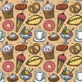 Pastry sweets seamless pattern, cute hand drawn sketch food symbols