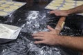 Pastrycook hands preparing dough for sweet pie Royalty Free Stock Photo