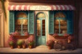 Pastryshop, front of a bakery with shutters and flowers,Generative AI