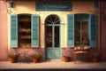 Pastryshop, front of a bakery with shutters and flowers,Generative AI