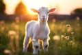 Sun rural domestic cute animals grass green sunset baby landscape goat summer farming Royalty Free Stock Photo