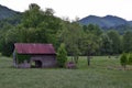 Pasture view with barn, truck, cows, and mountains Royalty Free Stock Photo