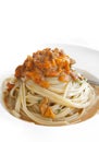 Sea Urchin Pasta on a white background . Closeup . Isolated.