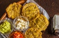 Patacones or tostones are fried green plantain slices Royalty Free Stock Photo
