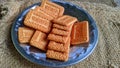 Patanjali biscuits. Stacked Butter Biscuits close-up shot on floor background