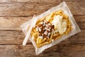 Patatje oorlog is a Dutch street food dish consisting of fries topped with a mayonnaise, finely chopped onions and peanut sauce Royalty Free Stock Photo