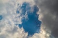 A patch of blue sky shining through the diverging rain clouds. A symbol of the changes and inconstancy of the current Royalty Free Stock Photo