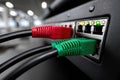 Patch cords connected to an Ethernet switch in a modern office environment Royalty Free Stock Photo