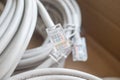 patch cords  on the background of a blurred cardboard box Royalty Free Stock Photo