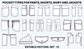 Patch pocket flat sketch vector illustration set, different types of Clothing Pockets for jeans pocket, denim, sleeve arm, cargo