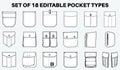 Patch pocket flat sketch vector illustration set, different types of Clothing Pockets for jeans pocket, denim, sleeve arm, cargo