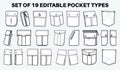 Patch pocket flat sketch vector illustration set, different types of Clothing Pockets for jeans pocket, denim, sleeve arm, cargo