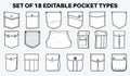 Patch pocket flat sketch vector illustration set, different types of Clothing Pockets for jeans pocket, denim, sleeve arm, cargo