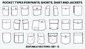 Patch pocket flat sketch vector illustration set, different types of Clothing Pockets for jeans pocket, denim, sleeve arm, cargo