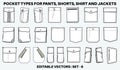 Patch pocket flat sketch vector illustration set, different types of Clothing Pockets for jeans pocket, denim, sleeve arm, cargo