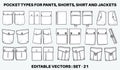 Patch pocket flat sketch vector illustration set, different types of Clothing Pockets for jeans pocket, denim, sleeve arm, cargo