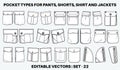 Patch pocket flat sketch vector illustration set, different types of Clothing Pockets for jeans pocket, denim, sleeve arm, cargo