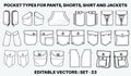 Patch pocket flat sketch vector illustration set, different types of Clothing Pockets for jeans pocket, denim, sleeve arm, cargo