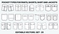 Patch pocket flat sketch vector illustration set, different types of Clothing Pockets for jeans pocket, denim, sleeve arm, cargo