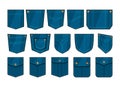 Patch pocket. Set of blue denim vector icons. Uniform casual style jeans pockets patches. Jean shirt clothes isolated icon Royalty Free Stock Photo