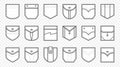 Patch pocket. Uniform clothes pockets patches with seam, patched denim pocket line icon vector set