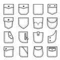 Patch pockets with and without buttons zipper rivets line icons set isolated on white